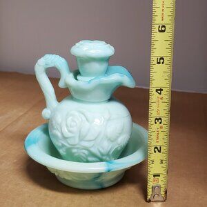 Vintage Avon Teal & White Milk Glass Pitcher and Bowl set 1978 Victorian Rose